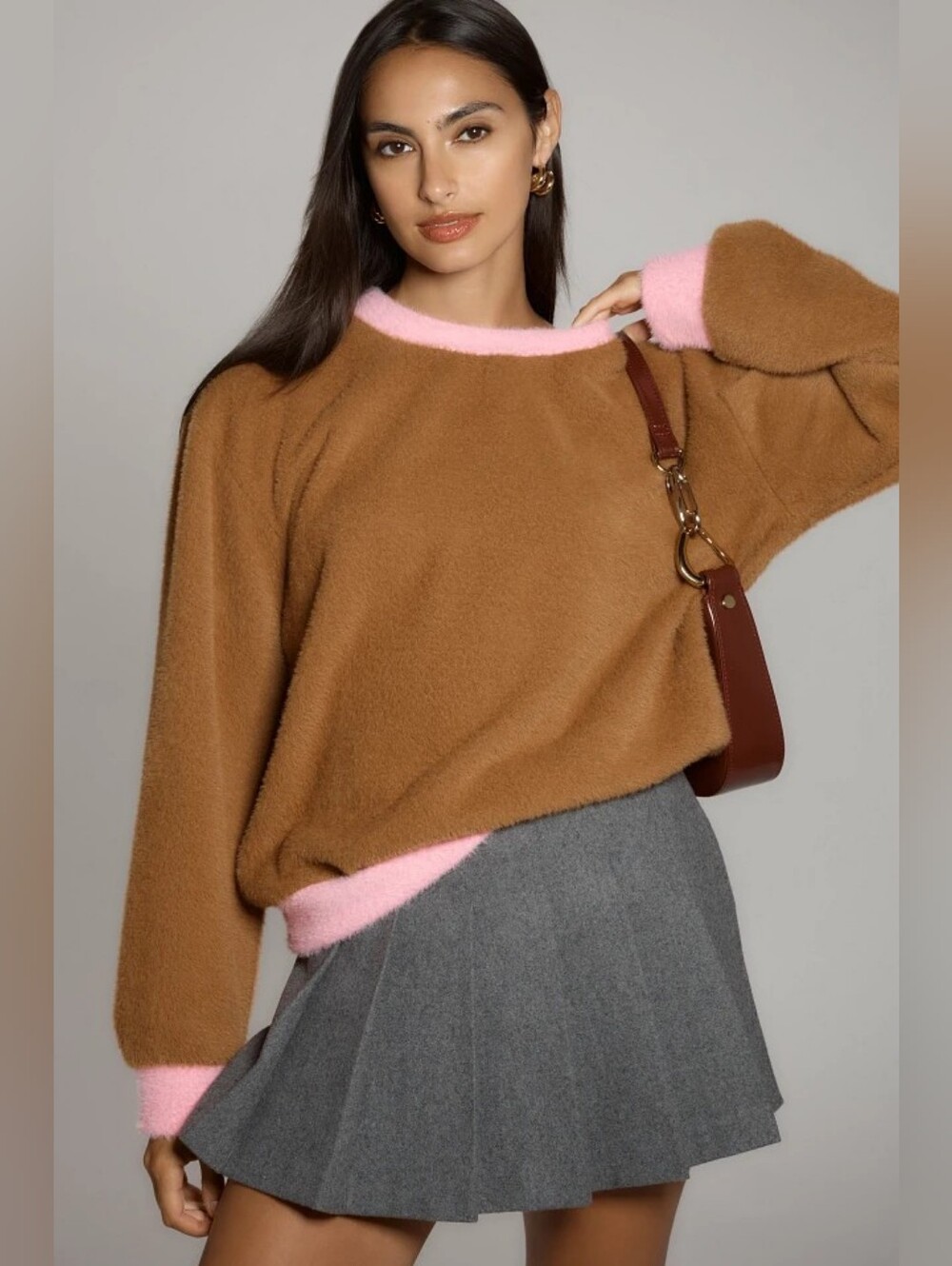 Maeve Brown Crewneck Sweater with Pink Trim